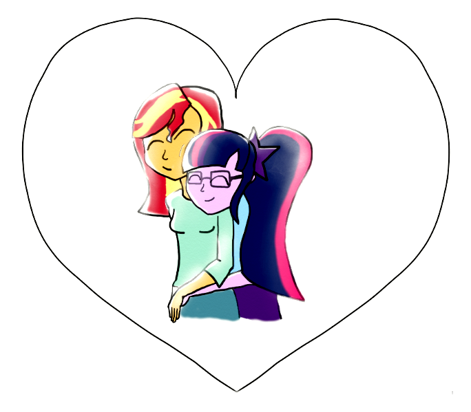 Size: 684x599 | Tagged: safe, artist:dishwashersafemusic, derpibooru import, sci-twi, sunset shimmer, twilight sparkle, equestria girls, alternate costumes, eyes closed, female, heart, holding hands, hug, lesbian, scitwishimmer, shipping, sunsetsparkle