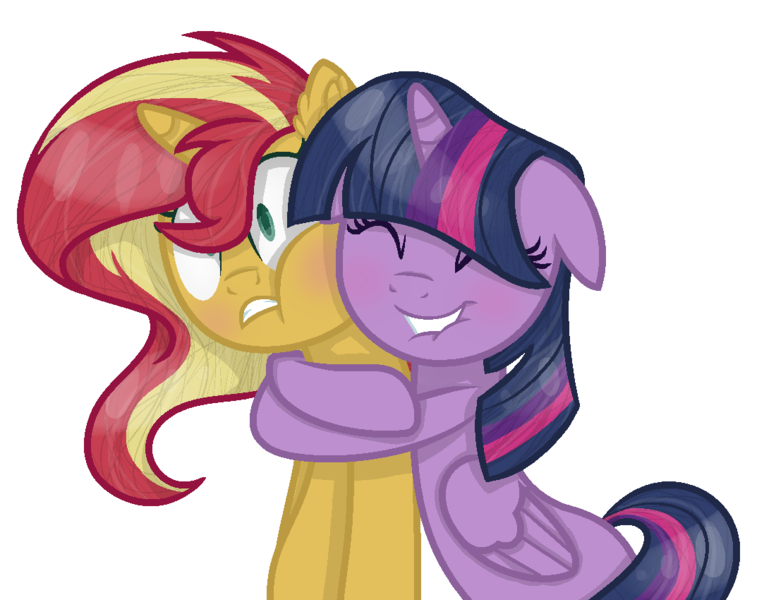 Size: 1100x850 | Tagged: safe, artist:lui-akita, derpibooru import, sunset shimmer, twilight sparkle, twilight sparkle (alicorn), alicorn, pony, unicorn, base used, cute, duo, eyes closed, female, floppy ears, hug, lesbian, lip bite, mare, shimmerbetes, shipping, simple background, smiling, sunsetsparkle, surprised, transparent background, twiabetes