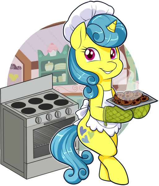 Size: 1470x1717 | Tagged: safe, artist:xwhitedreamsx, derpibooru import, lemon hearts, pony, unicorn, apron, baking, clothes, cookie, cute, female, food, mare, oven, oven mitts, simple background, smiling, solo, transparent background