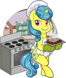 Size: 1470x1717 | Tagged: safe, artist:xwhitedreamsx, derpibooru import, lemon hearts, pony, unicorn, apron, baking, clothes, cookie, cute, female, food, mare, oven, oven mitts, simple background, smiling, solo, transparent background