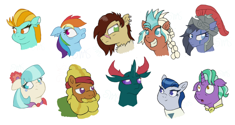 Size: 2250x1200 | Tagged: safe, artist:swasfews, derpibooru import, cattail, coco pommel, cocoa axe, ever essence, firelight, lightning dust, nimbus dash, pharynx, rainbow dash, steela oresdotter, changedling, changeling, pony, legends of magic, bust, female, male, prince pharynx, simple background, transparent background