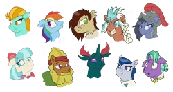 Size: 2250x1200 | Tagged: safe, artist:swasfews, derpibooru import, cattail, coco pommel, cocoa axe, ever essence, firelight, lightning dust, nimbus dash, pharynx, rainbow dash, steela oresdotter, changedling, changeling, pony, legends of magic, bust, female, male, prince pharynx, simple background, transparent background