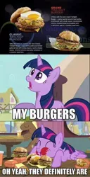 Size: 480x936 | Tagged: alicorn, burger, derpibooru import, edit, edited screencap, food, hamburger, image macro, meme, ponies eating meat, safe, screencap, singapore, twilight burgkle, twilight sparkle, twilight sparkle (alicorn), twilight time