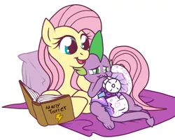Size: 1252x1000 | Tagged: suggestive, artist:hodgepodgedl, artist:sylph-space, derpibooru import, fluttershy, spike, pegasus, pony, baby bottle, book, cute, diaper, diaper fetish, duo, female, fetish, flutterspike, male, reading, shipping, simple background, smiling, snuggling, straight, white background