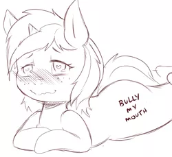 Size: 1044x958 | Tagged: suggestive, artist:cold-blooded-twilight, derpibooru import, oc, oc:sign, unofficial characters only, pony, unicorn, blushing, body writing, female, freckles, heart eyes, lidded eyes, mare, monochrome, prone, smiling, solo, wavy mouth, wingding eyes