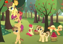 Size: 6771x4715 | Tagged: safe, artist:velveagicsentryyt, derpibooru import, apple bloom, applejack, oc, oc:apple dance, oc:apple flower, oc:apple pie, oc:apple seed, earth pony, pony, absurd resolution, apple orchard, apple tree, applebucking, base used, female, filly, hatless, mare, missing accessory, offspring, older, parent:apple bloom, parent:applejack, parent:caramel, parent:tender taps, parents:carajack, parents:tenderbloom, tree