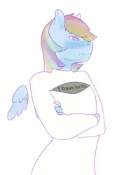 Size: 2000x3000 | Tagged: anthro, artist:osseda, blushing, breasts, clothes, crossed arms, delicious flat chest, derpibooru import, doodle, female, floating wings, looking away, rainbow dash, rainbow flat, shirt, solo, solo female, suggestive, upset