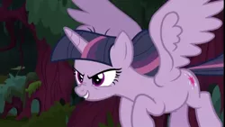 Size: 1280x720 | Tagged: alicorn, clone, derpibooru import, everfree forest, evil grin, flying, grin, mean twilight sparkle, plotting, safe, scary face, scheming, screencap, smiling, the mean 6, wings