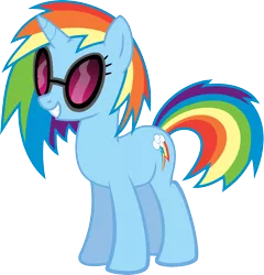 Size: 3846x4000 | Tagged: safe, artist:namelesshero2222, color edit, derpibooru import, edit, rainbow dash, vinyl scratch, pony, alternate hairstyle, colored, cutie mark, high res, race swap, recolor, simple background, smiling, solo, sunglasses, teeth, transparent background, unicorn rainbow dash, vector