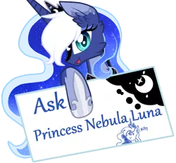 Size: 890x826 | Tagged: safe, artist:sugaryicecreammlp, derpibooru import, princess luna, alicorn, pony, ask nebula luna, alternate design, ask, blue background, female, mare, simple background, solo, text, transparent background, tumblr