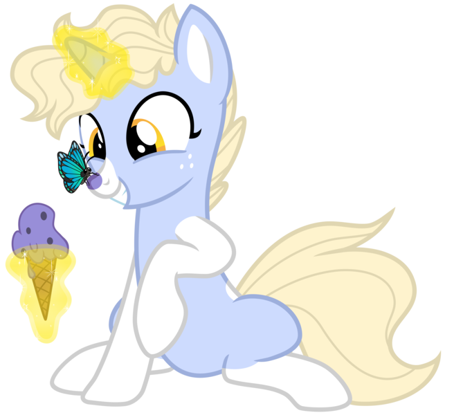 Size: 3500x3200 | Tagged: safe, artist:cheezedoodle96, derpibooru import, oc, oc:nootaz, unofficial characters only, butterfly, pony, unicorn, .svg available, butterfly on nose, cute, eye contact, female, food, freckles, glowing horn, ice cream, ice cream cone, insect on nose, levitation, looking at each other, magic, magic aura, mare, nootabetes, ocbetes, show accurate, silly, silly pony, simple background, sitting, smiling, socks (coat marking), svg, telekinesis, transparent background, vector