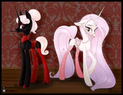 Size: 1280x982 | Tagged: suggestive, artist:f0rever13, derpibooru import, oc, oc:lolita, oc:star marzipan, unofficial characters only, pony, unicorn, art trade, bdsm, bridle, clothes, corset, couple, digital art, female, females only, heart eyes, jewelry, long hair, long mane, long tail, looking at each other, mare, necklace, rcf community, reins, riding crop, saddle, shoes, socks, stars, stockings, tack, thigh highs, tongue out, wingding eyes