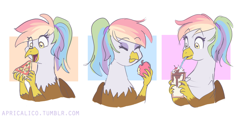 Size: 1630x770 | Tagged: safe, artist:feellikeaplat, deleted from derpibooru, derpibooru import, oc, oc:rainbow feather, gryphon, hippogriff, apple, cute, female, food, head shot, interspecies offspring, magical lesbian spawn, milkshake, offspring, parent:gilda, parent:rainbow dash, parents:gildash, pizza, quadrupedal, solo