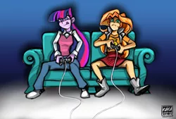 Size: 3496x2362 | Tagged: safe, artist:zenzmurfy, derpibooru import, sunset shimmer, twilight sparkle, equestria girls, boots, clothes, couch, female, gamer sunset, hilarious in hindsight, leather, leather vest, miniskirt, pants, shoes, sitting, skirt, tongue out