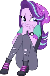 Size: 3745x5646 | Tagged: safe, artist:theartsyemporium, derpibooru import, starlight glimmer, equestria girls, mirror magic, spoiler:eqg specials, .svg available, beanie, clothes, covering mouth, cute, female, glimmer glutes, hat, pants, pony coloring, scared, scaredy glimmer, simple background, sitting, solo, torn clothes, transparent background, vector, watch, wristwatch