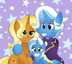 Size: 2275x2034 | Tagged: abstract background, artist:poseidonathenea, couple, cute, derpibooru import, diatrixes, family, family photo, female, filly, jack pot, jacktacle, male, safe, shipping, smiling, straight, sunflower spectacle, trio, trixie, trixie's family, trixie's parents, younger