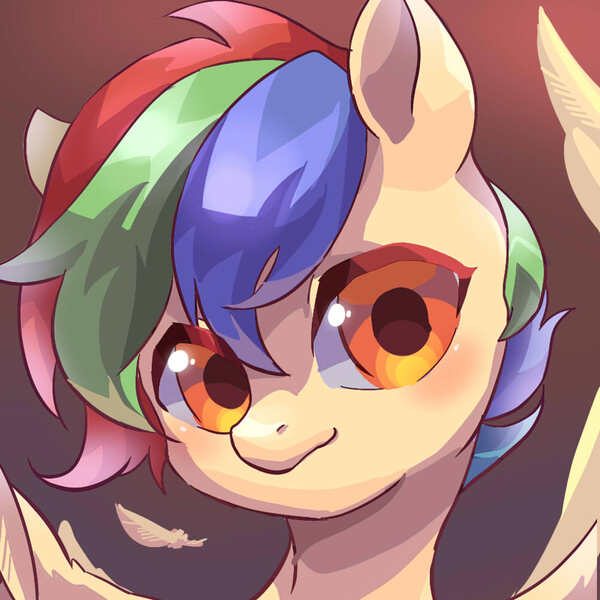 Size: 1000x1000 | Tagged: safe, artist:salt lie, derpibooru import, oc, oc:light feathers, unofficial characters only, pegasus, pony, avatar, bust, colored background, commission, faic, feather, gradient background, multicolored hair, rainbow hair, solo