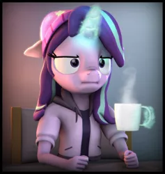 Size: 4801x5065 | Tagged: safe, artist:imafutureguitarhero, derpibooru import, starlight glimmer, anthro, unicorn, marks for effort, 3d, :i, absurd resolution, alternate hairstyle, alternate mane style, beanie, border, chair, chromatic aberration, clothes, cup, empathy cocoa, faic, female, film grain, fist, floppy ears, glowing horn, gradient background, hat, hoodie, i mean i see, levitation, magic, mare, mug, nose wrinkle, scene interpretation, shirt, signature, sitting, solo, source filmmaker, steam, table, telekinesis