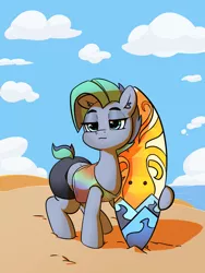 Size: 1911x2542 | Tagged: safe, artist:pabbley, derpibooru import, oc, oc:kahuna, unofficial characters only, earth pony, octopus, pony, beach, clothes, cloud, compression shorts, female, mare, sand, sky, solo, surfboard, tanktop, water