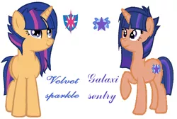 Size: 966x651 | Tagged: safe, artist:velvetsparkleyt, derpibooru import, oc, oc:galaxi sentry, oc:velvet sparkle, unofficial characters only, alicorn, pegasus, pony, alicorn oc, digital art, duo, female, mare, next generation, offspring, parent:flash sentry, parent:twilight sparkle, parents:flashlight, simple background, white background