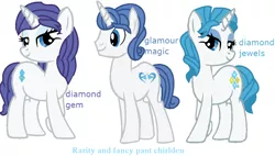 Size: 970x550 | Tagged: safe, artist:velvetsparkleyt, derpibooru import, oc, oc:diamond gem, oc:diamond jewels, oc:glamour magic, unofficial characters only, pony, unicorn, digital art, female, mare, next generation, offspring, parent:fancypants, parent:rarity, parents:raripants, simple background, trio, white background