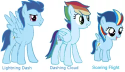 Size: 919x529 | Tagged: safe, artist:velvetsparkleyt, derpibooru import, oc, oc:dashing cloud, oc:lightning dash, oc:soaring flight, unofficial characters only, pegasus, pony, digital art, female, mare, next generation, offspring, parent:rainbow dash, parent:soarin', parents:soarindash, simple background, trio, white background