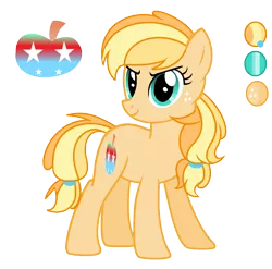 Size: 1320x1304 | Tagged: safe, artist:thesmall-artist, derpibooru import, oc, oc:fresh apple, earth pony, pony, female, mare, offspring, parent:applejack, parent:caramel, parents:carajack, reference sheet, simple background, solo, transparent background