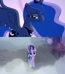 Size: 1280x1440 | Tagged: cake, derpibooru import, dream, dream walker luna, edit, fog, food, looking down, looking up, moon, our town, plant, princess luna, safe, screencap, smiling, starlight glimmer, table, to where and back again