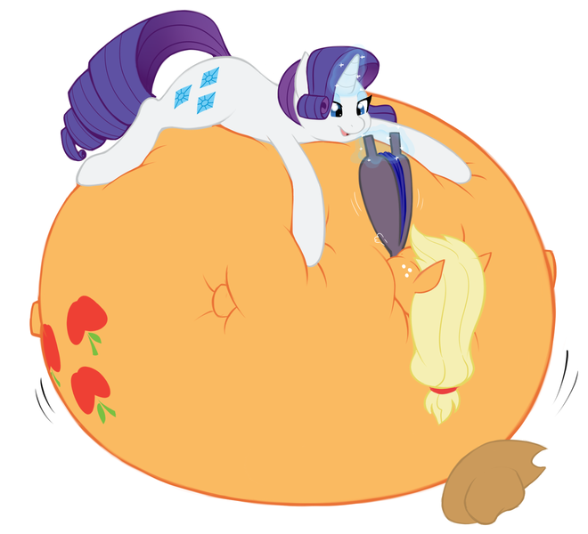 Size: 1687x1533 | Tagged: questionable, artist:redintravenous, artist:tawksi, derpibooru import, applejack, rarity, pony, appleblimp, applejack's hat, ball, bedroom eyes, bellows, bloated, cowboy hat, explicit source, female, fetish, glowing horn, hat, inflation, lesbian, lying on top of someone, magic, on back, on top, open mouth, prone, puffy cheeks, rarijack, shipping, simple background, smiling, squishy, stretched cutie mark, swollen, telekinesis, white background