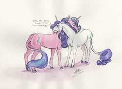 Size: 1024x744 | Tagged: safe, artist:sagastuff94, derpibooru import, rarity, starlight glimmer, classical unicorn, pony, unicorn, cloven hooves, comforting, crying, duo, female, hoers, horses doing horse things, leonine tail, mare, neck hug, realistic anatomy, realistic horse legs, unshorn fetlocks