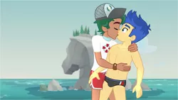 Size: 1600x900 | Tagged: suggestive, artist:supermaxx92, derpibooru import, flash sentry, timber spruce, human, equestria girls, equestria girls series, beach, blushing, clothes, crotch bulge, gay, kissing, lifeguard, lifeguard timber, male, males only, partial nudity, shipping, speedo, swimsuit, timberflash, topless