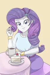 Size: 2338x3507 | Tagged: safe, artist:sumin6301, derpibooru import, rarity, equestria girls, beautiful, belt, blue eyes, bracelet, cake, cherry, chocolate, clothes, cup, cute, dessert, food, hot chocolate, jewelry, looking at you, plate, pretty, purple hair, raribetes, simple background, skirt, solo, spoon, table, table cloth, white background