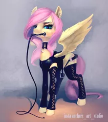 Size: 1132x1280 | Tagged: suggestive, artist:oneofyouare, derpibooru import, fluttershy, pegasus, pony, choker, chokershy, clothes, dominatrix, dominatrixshy, female, flutterdom, latex, leather, leg warmers, looking at you, mare, mouth hold, saddle, solo, solo female, stirrups, tack, whip