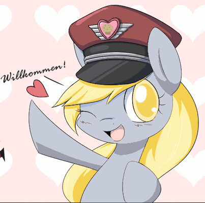 Size: 403x400 | Tagged: safe, artist:aryanne, derpibooru import, edit, editor:seiken, derpy hooves, pony, animated, bipedal, blushing, cute, fire, food, hat, heart, heil, muffin, one eye closed, salute, solo, team captain, we are going to heil, welcome, wink