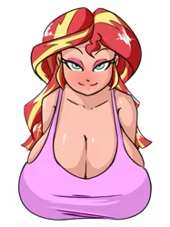 Size: 535x717 | Tagged: suggestive, artist:reiduran, derpibooru import, edit, editor:theabridgenator, sunset shimmer, equestria girls, bedroom eyes, big breasts, breasts, busty sunset shimmer, eyeshadow, female, huge breasts, human coloration, impossibly large breasts, looking at you, makeup, photoshop, simple background, sketch, smiling, solo, solo female