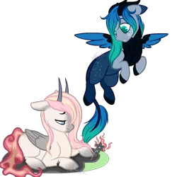 Size: 1200x1200 | Tagged: safe, artist:aledera, derpibooru import, oc, oc:amber ashes, oc:orion, unofficial characters only, pegasus, pony, female, flower, horn, male, prone, simple background, transparent background