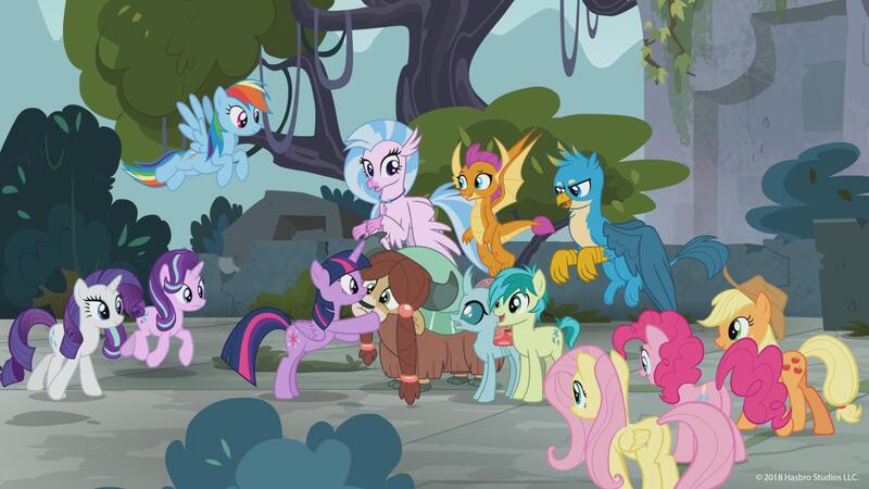 Size: 2996x1684 | Tagged: safe, derpibooru import, screencap, applejack, fluttershy, gallus, ocellus, pinkie pie, rainbow dash, rarity, sandbar, silverstream, smolder, starlight glimmer, twilight sparkle, twilight sparkle (alicorn), yona, alicorn, changedling, changeling, dragon, earth pony, gryphon, hippogriff, pegasus, pony, unicorn, yak, school daze, castle of the royal pony sisters, dragoness, female, flying, hug, male, mane six, mare, student six, teenager