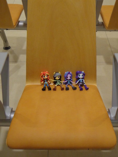 Size: 3456x4608 | Tagged: safe, derpibooru import, daring do, rarity, starlight glimmer, sunset shimmer, equestria girls, chair, doll, equestria girls minis, eqventures of the minis, irl, micro, photo, singapore, sitting, toy