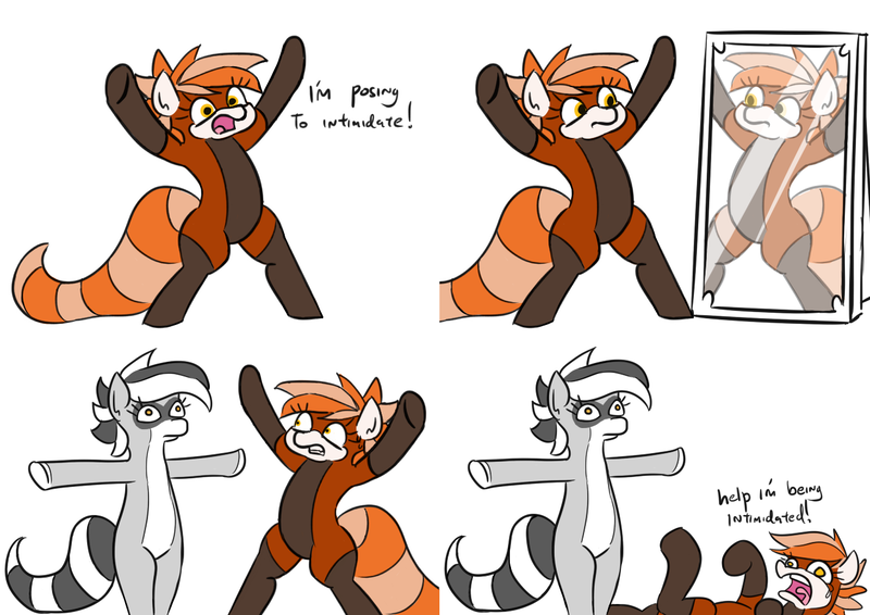 Size: 1348x954 | Tagged: safe, artist:dsp2003, artist:jargon scott, derpibooru import, edit, oc, oc:bandy cyoot, oc:pandy cyoot, original species, pony, raccoon pony, red panda pony, asserting dominance, colored, comic, crossing the memes, crying, female, lesser panda, loss (meme), mare, meme, mirror, pop team epic, simple background, sketch, t pose, white background