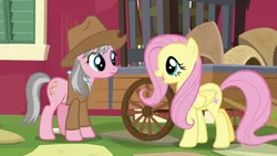 Size: 640x360 | Tagged: safe, derpibooru import, screencap, fluttershy, wrangler, earth pony, pegasus, pony, fluttershy leans in, duo, duo female, female