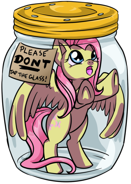 Size: 898x1258 | Tagged: safe, artist:dawnallies, derpibooru import, part of a set, fluttershy, butterfly, pegasus, pony, abuse, don't tap the pony in the jar, flutterbuse, flutters, glass, help, jar, lid, part of a series, pink, plastic, pony in a bottle, sad, simple background, solo, stuck, transparent background, yellow