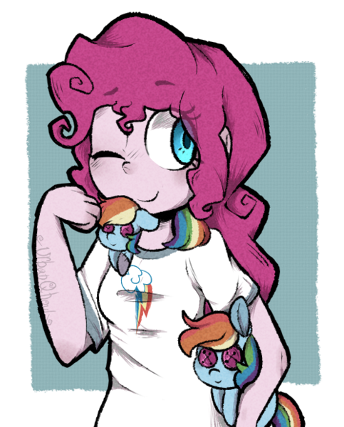 Size: 500x621 | Tagged: safe, artist:urbanqhoul, derpibooru import, pinkie pie, equestria girls, implied lesbian, implied pinkiedash, implied rainbow dash, implied shipping, one eye closed, plushie