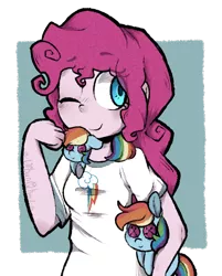 Size: 500x621 | Tagged: safe, artist:urbanqhoul, derpibooru import, pinkie pie, equestria girls, implied lesbian, implied pinkiedash, implied rainbow dash, implied shipping, one eye closed, plushie