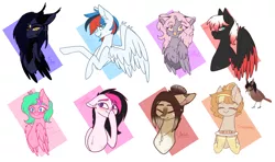 Size: 5900x3500 | Tagged: safe, artist:honeybbear, derpibooru import, oc, oc:caffine, oc:cinnamon, oc:claire, oc:elwi, oc:hitomi, oc:party blossom, oc:vanity, unofficial characters only, bird, pegasus, pony, bust, female, mare, portrait