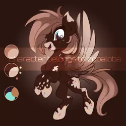 Size: 1255x1250 | Tagged: safe, artist:hagallaz, derpibooru import, oc, oc:chocolina, unofficial characters only, pegasus, pony, flying, gradient background, looking at you, multicolored eyes, obtrusive watermark, reference sheet, smiling, solo, spread wings, watermark, wings