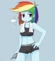 Size: 1280x1422 | Tagged: safe, artist:genericmlp, derpibooru import, rainbow dash, equestria girls, bike shorts, breasts, clothes, compression shorts, exhale, exhausted, female, hand on hip, sexy, simple background, solo, sports bra, sports shorts, tired, towel, water bottle, workout outfit
