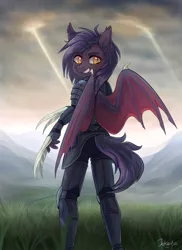 Size: 1400x1919 | Tagged: source needed, safe, artist:jekeita, derpibooru import, oc, oc:dawn sentry, unofficial characters only, anthro, bat pony, armor, bat pony oc, bat wings, claws, cloud, digital art, female, grass, grin, looking at you, looking back, looking back at you, mare, metal claws, sky, smiling, weapon, wings