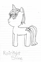 Size: 492x751 | Tagged: safe, artist:nightshadowmlp, derpibooru import, oc, oc:rainlight shine, unofficial characters only, unicorn, female, grayscale, lined paper, magical lesbian spawn, mare, monochrome, offspring, parent:rainbow dash, parent:twilight sparkle, parents:twidash, solo, traditional art