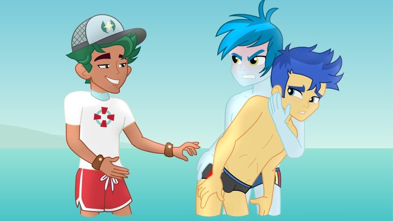 Size: 1600x900 | Tagged: suggestive, artist:supermaxx92, derpibooru import, flash sentry, thunderbass, timber spruce, human, equestria girls, equestria girls series, beach, blushing, clothes, gay, lifeguard, lifeguard timber, male, males only, partial nudity, shipping, speedo, swimsuit, timberflash, topless