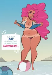 Size: 500x720 | Tagged: artist:hugotendaz, beach, beach ball, belly button, big breasts, bikini, breasts, busty pinkie pie, chubby, clothes, dark skin, derpibooru import, fat, female, human, humanized, lana del rey, pinkie pie, plump, pudgy pie, sexy, singing, solo, solo female, stupid sexy pinkie, suggestive, swimsuit, tan lines, thick